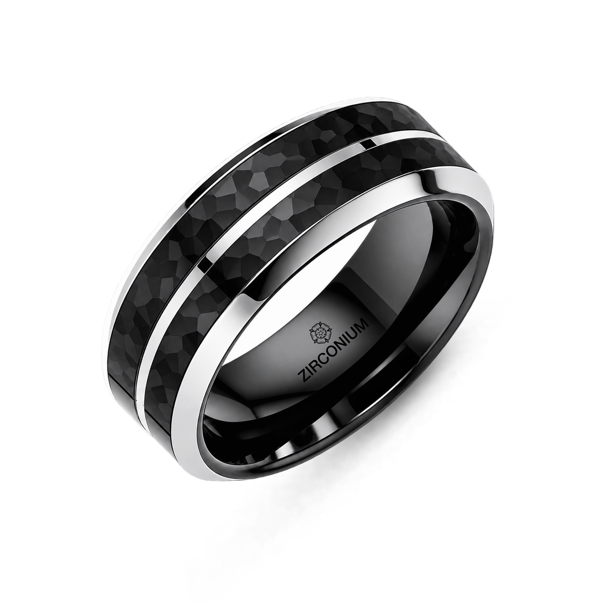Black zirconium ring with hammered finish, polished silver-tone grooves and edges on a white background.
