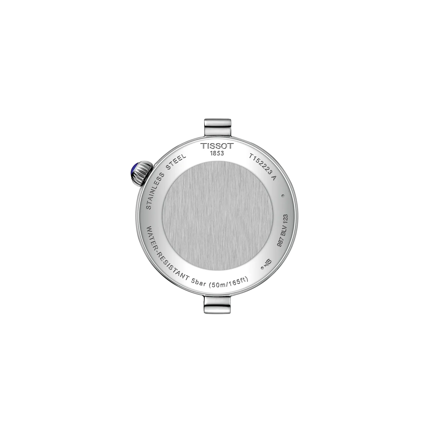 The back of a stainless steel Tissot watch case, showing the brushed metal finish, screw crown, and engraved text on a plain white background.