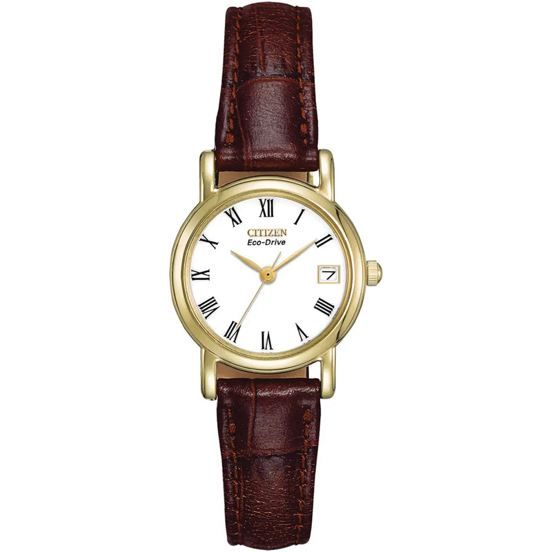 Citizen Eco-Drive Ladies’ Gold Tone White Dial Leather Strap Watch EW1272-01B