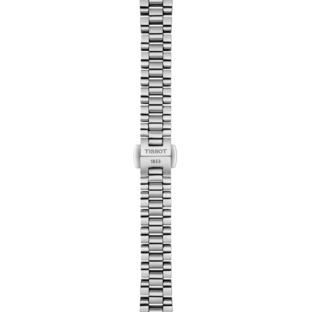 Silver watch strap with Tissot logo on a white background