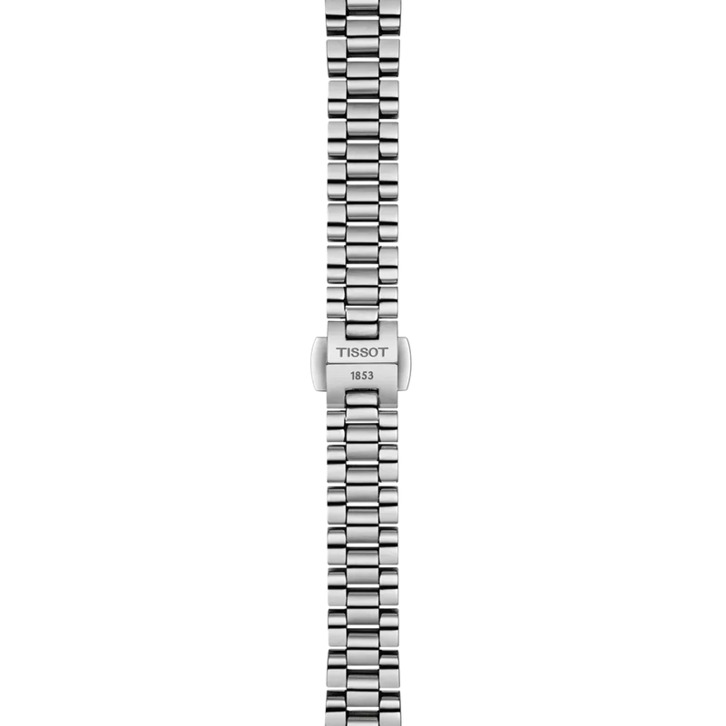 Silver watch strap with Tissot logo on a white background