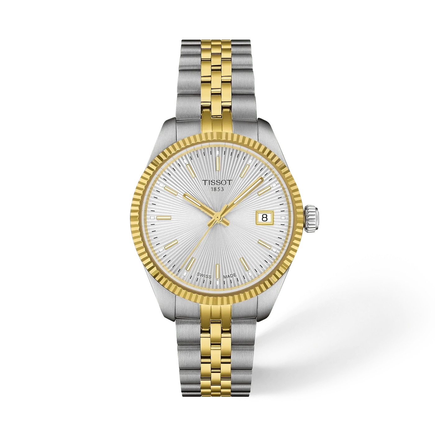 Tissot Ballade T156.210.22.031.00 two-tone stainless steel watch featuring a silver guilloché dial, yellow gold PVD fluted bezel and matching two-tone bracelet.