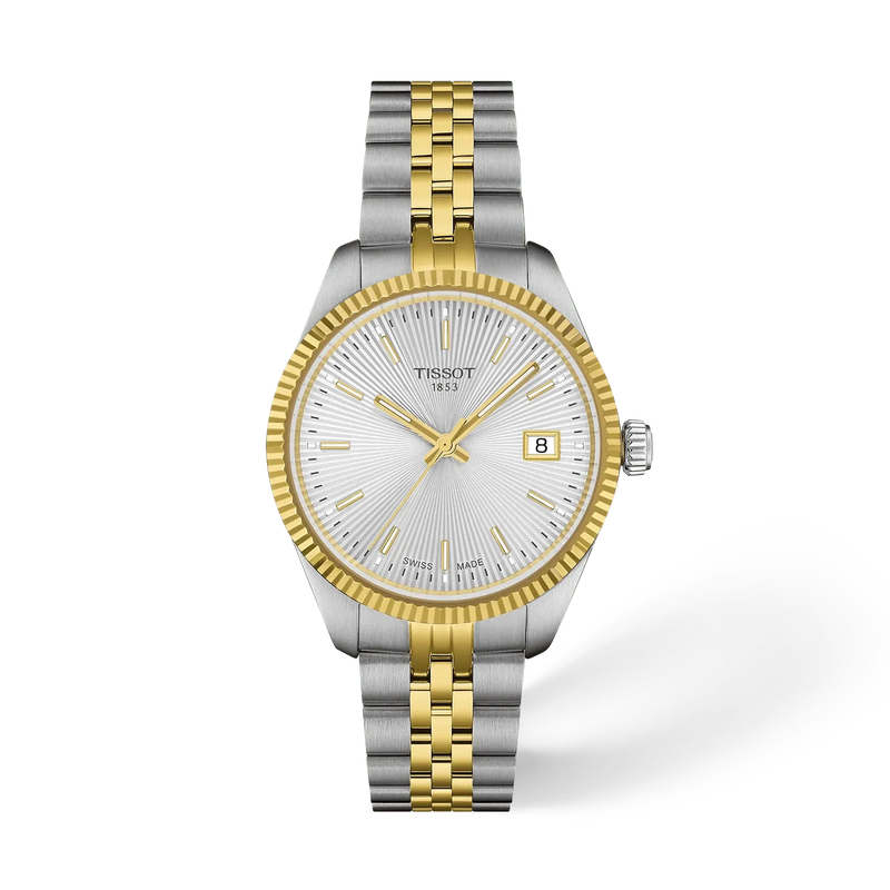 Tissot Ballade T156.210.22.031.00 two-tone stainless steel watch featuring a silver guilloché dial, yellow gold PVD fluted bezel and matching two-tone bracelet.