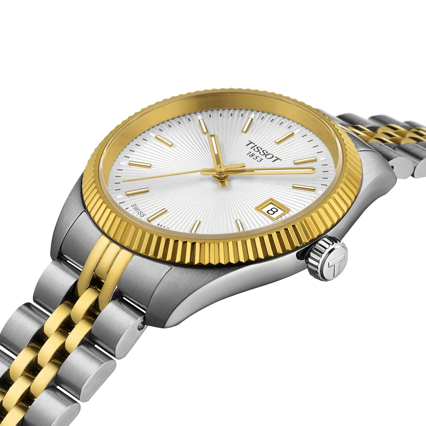 Close-up of the Tissot Ballade T156.210.22.031.00 showing the silver sunray guilloché dial, gold-tone hands, fluted bezel and date display.