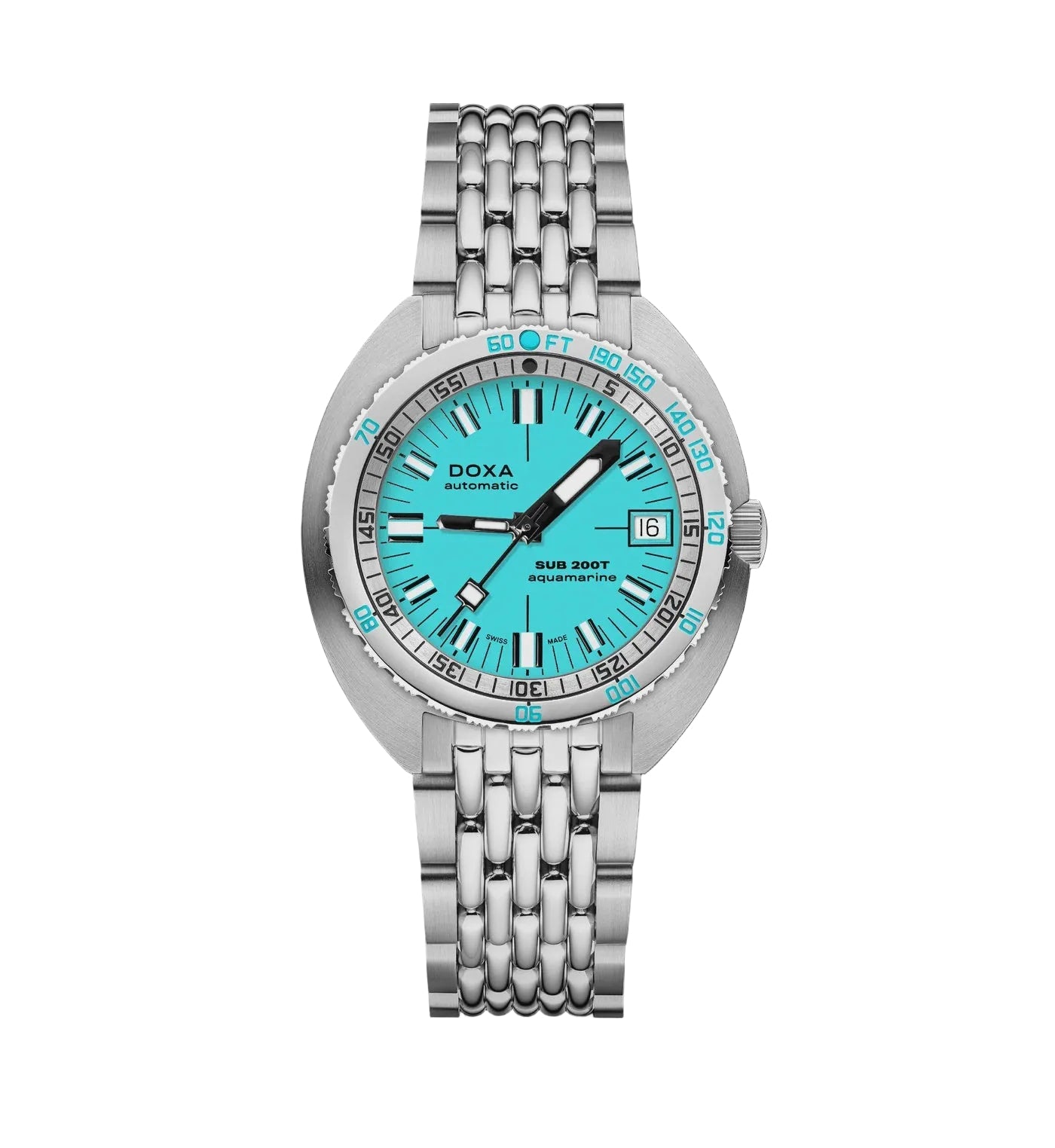 A Doxa Sub-Doot automatic watch with a silver stainless steel bracelet and a vibrant turquoise dial, shown against a solid black background.