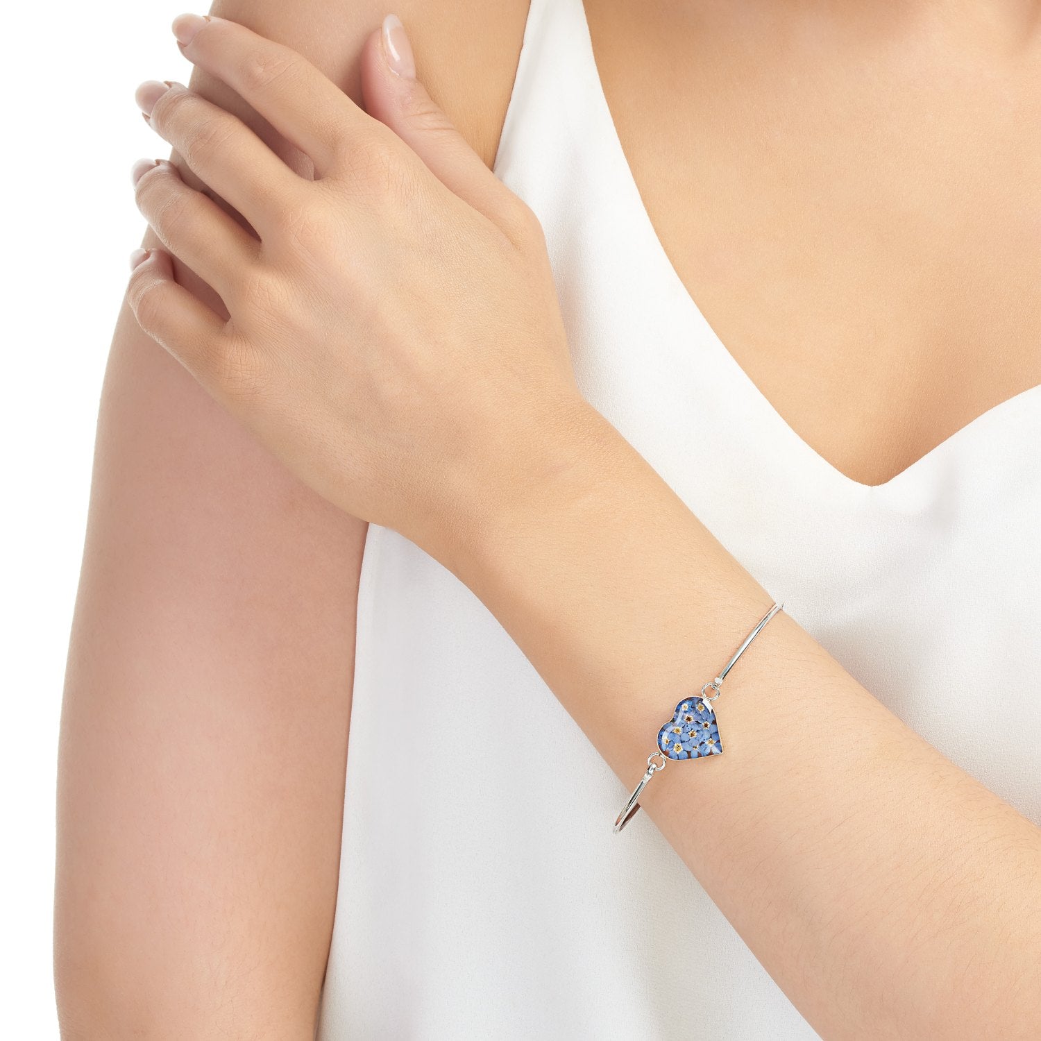 Sterling Silver Heart Forget Me Not Bangle