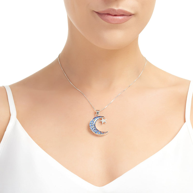 Sterling Silver Forget Me Not Moon & Star Pendant