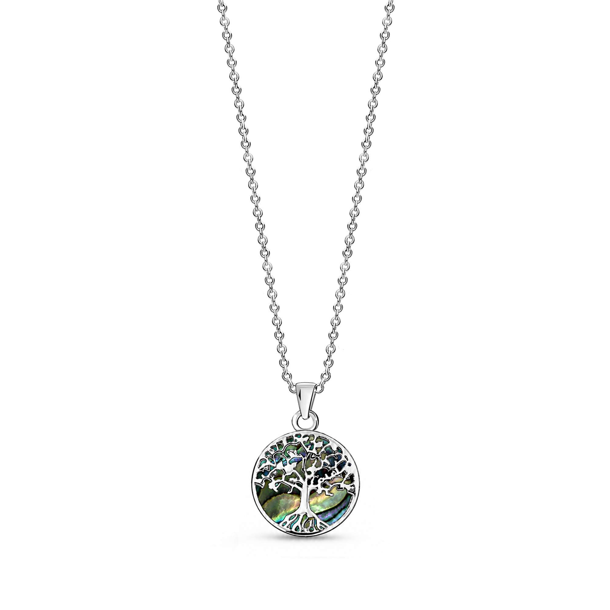 Sterling silver Tree of Life pendant with colourful abalone shell inlay on a silver chain against a white background.