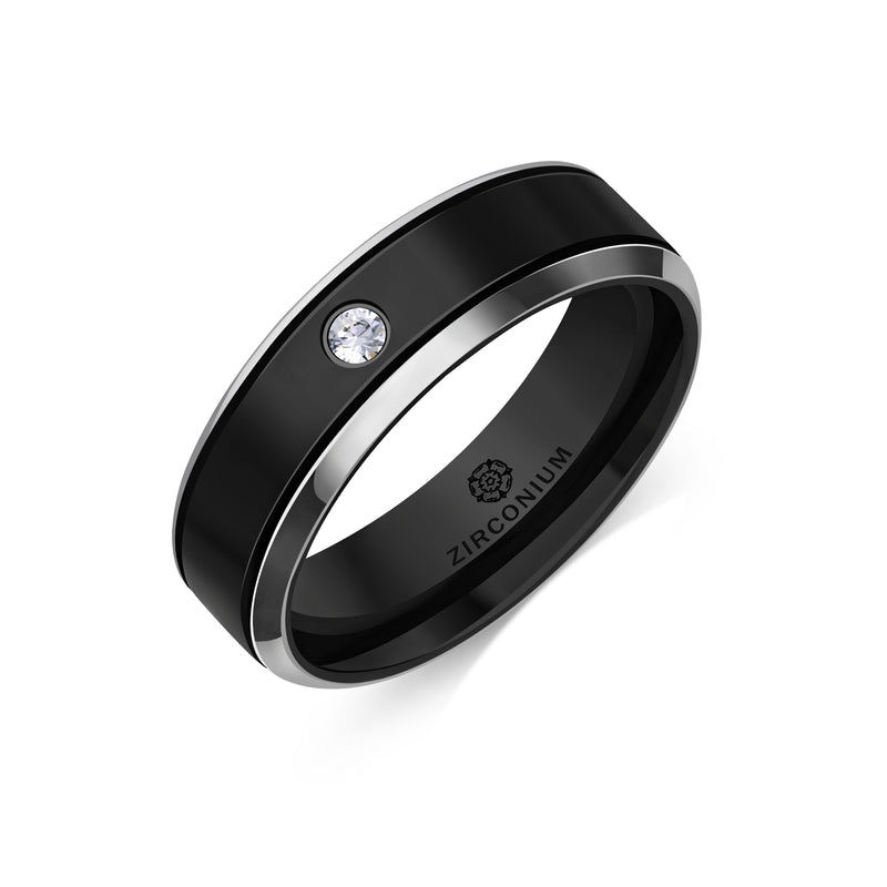 Zirconium Flat Court Diamond Chamfered Ring