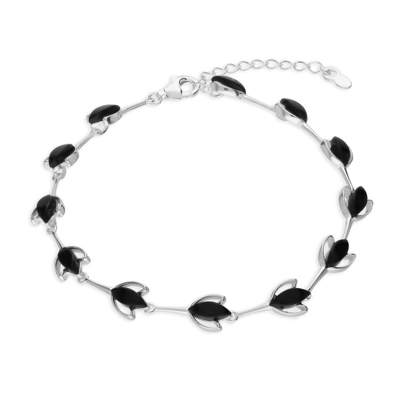 Sterling Silver Whitby Jet Lotus Flower Bracelet