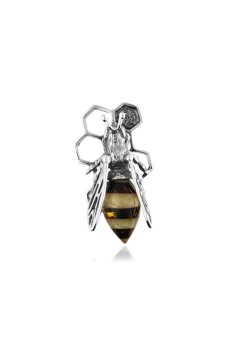 Sterling Silver Amber Honeycomb Bee Brooch