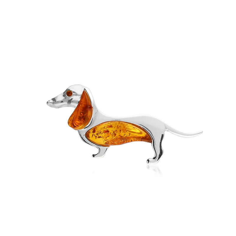Sterling Silver Amber Sausage Dog Brooch