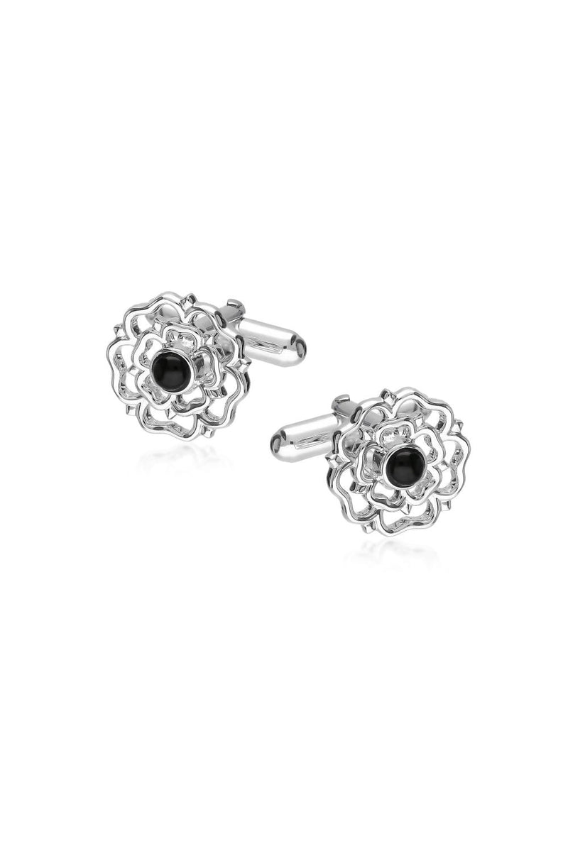 Sterling Silver Whitby Jet Yorkshire Rose Cufflinks