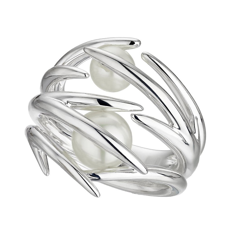 Silver Double Hooked Pearl Ring