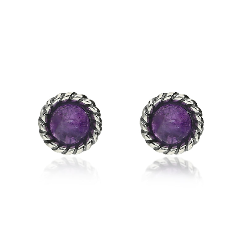 Sterling Silver Amethyst Rope edge Round Stud Earrings