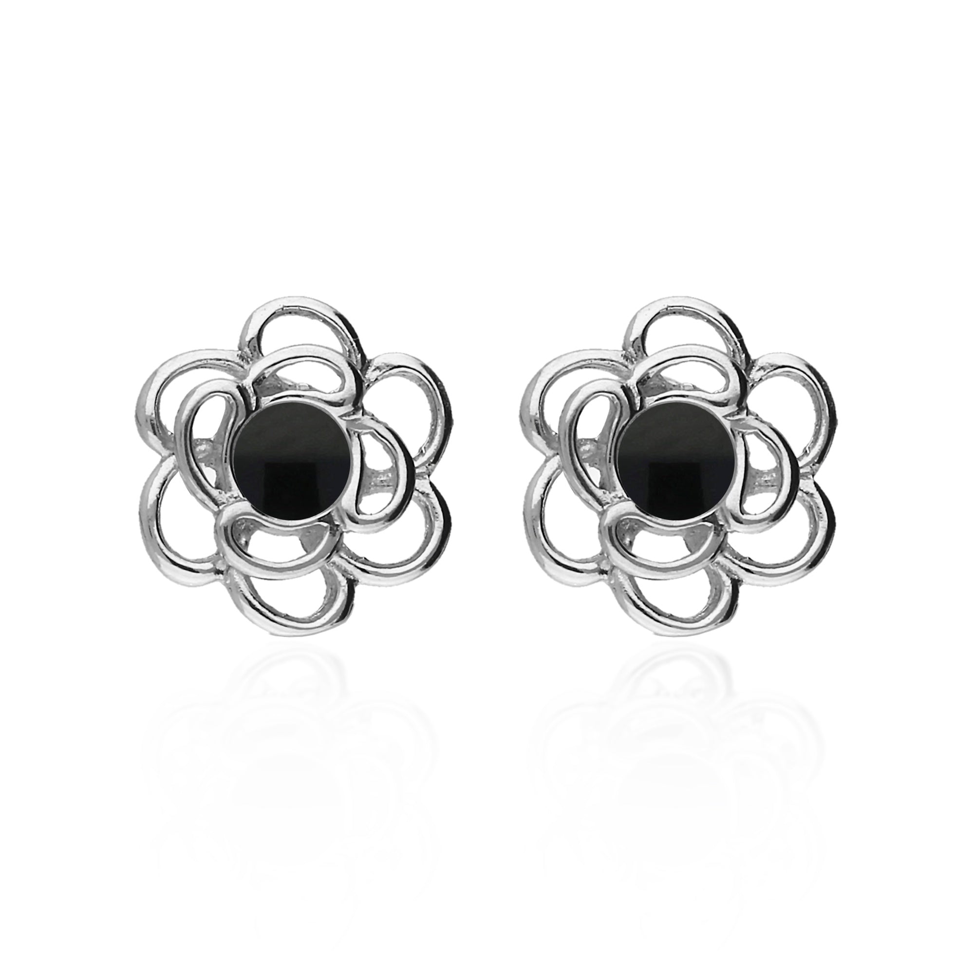 Sterling Silver Whitby Jet Abstract Flower Stud Earrings