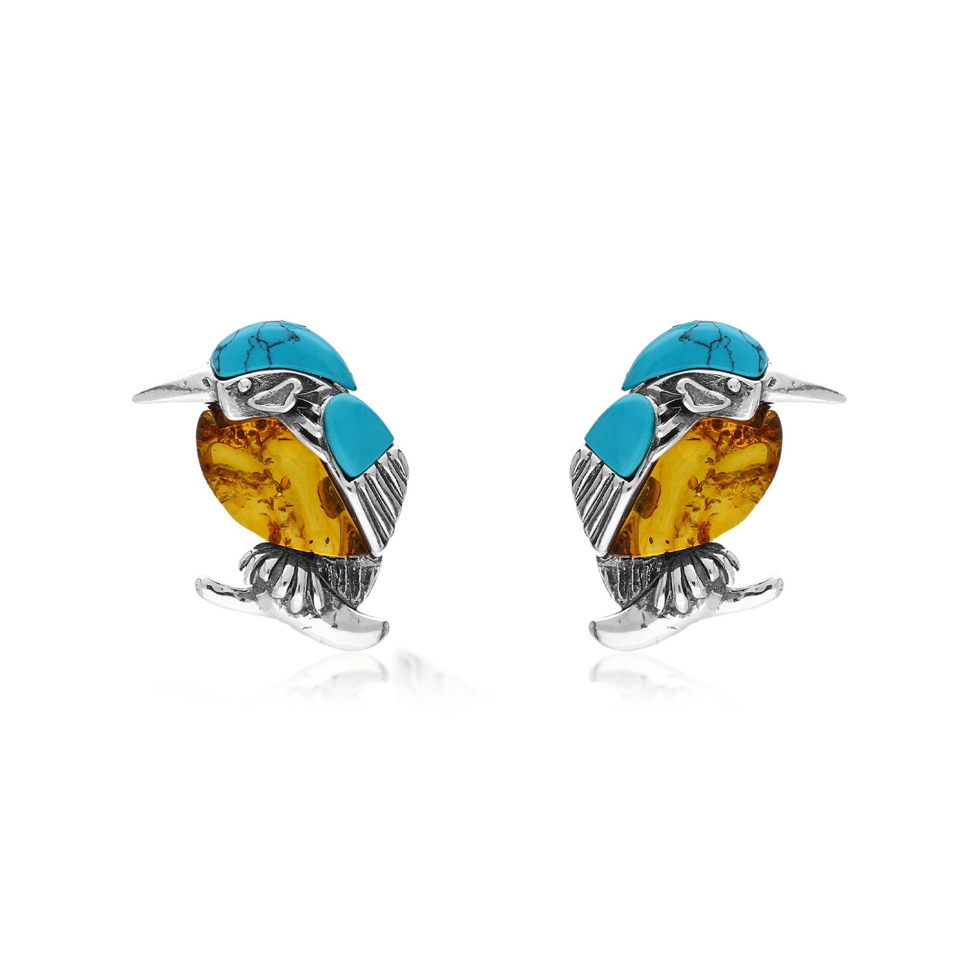 Sterling Silver Amber & Turquoise Large Kingfisher Stud Earrings