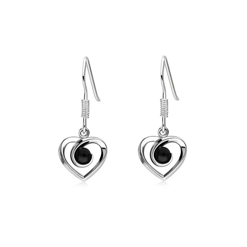 Sterling Silver Whitby Jet Elegant Heart Drop Earrings