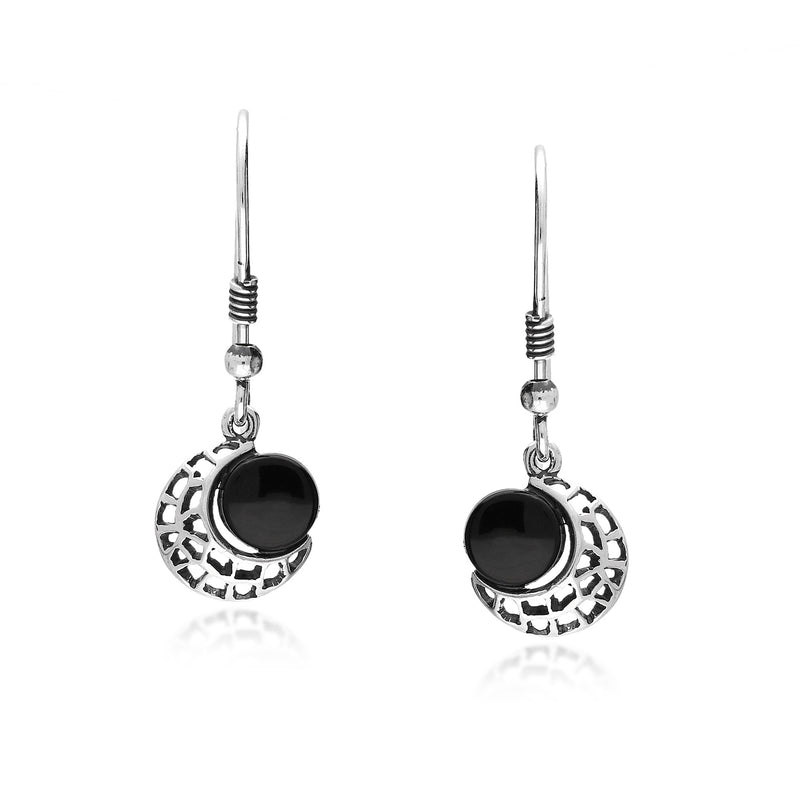 Sterling Silver Whitby Jet Oxidised Moon Drop Earrings