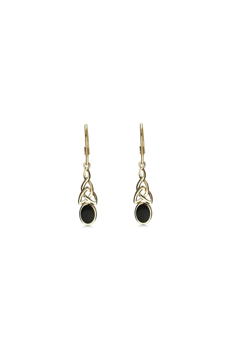 9ct Yellow Gold Whitby Jet Celtic Oval Drop Earrings
