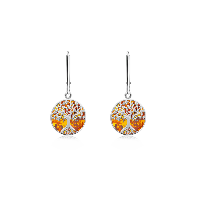 Sterling Silver X Small Amber Tree of Life Drop Earrings