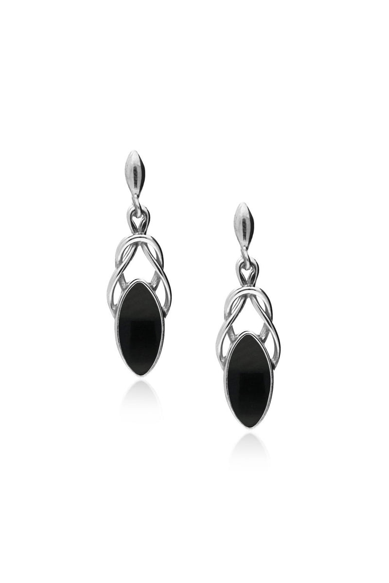 Sterling Silver Whitby Jet Large Celtic Marquise Drop Earrings