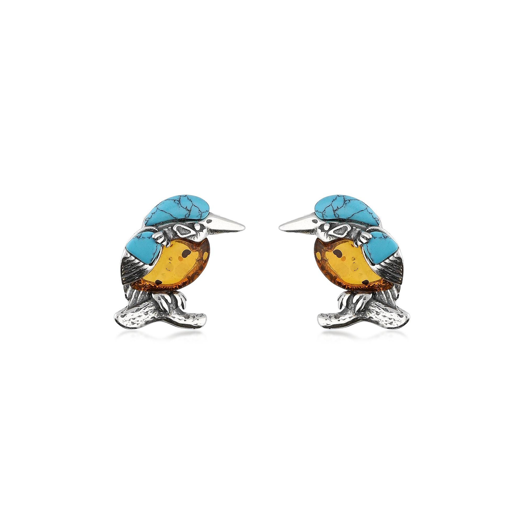 Sterling Silver Amber & Turquoise Small Kingfisher Stud Earrings
