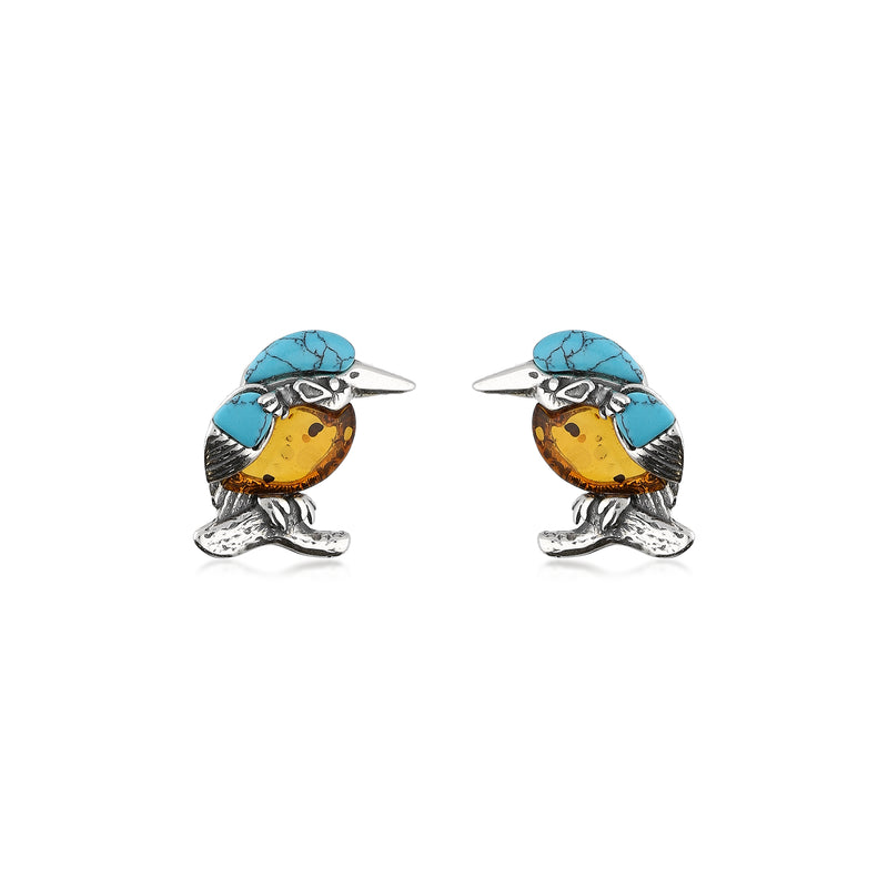 Sterling Silver Amber & Turquoise Kingfisher Stud Earrings