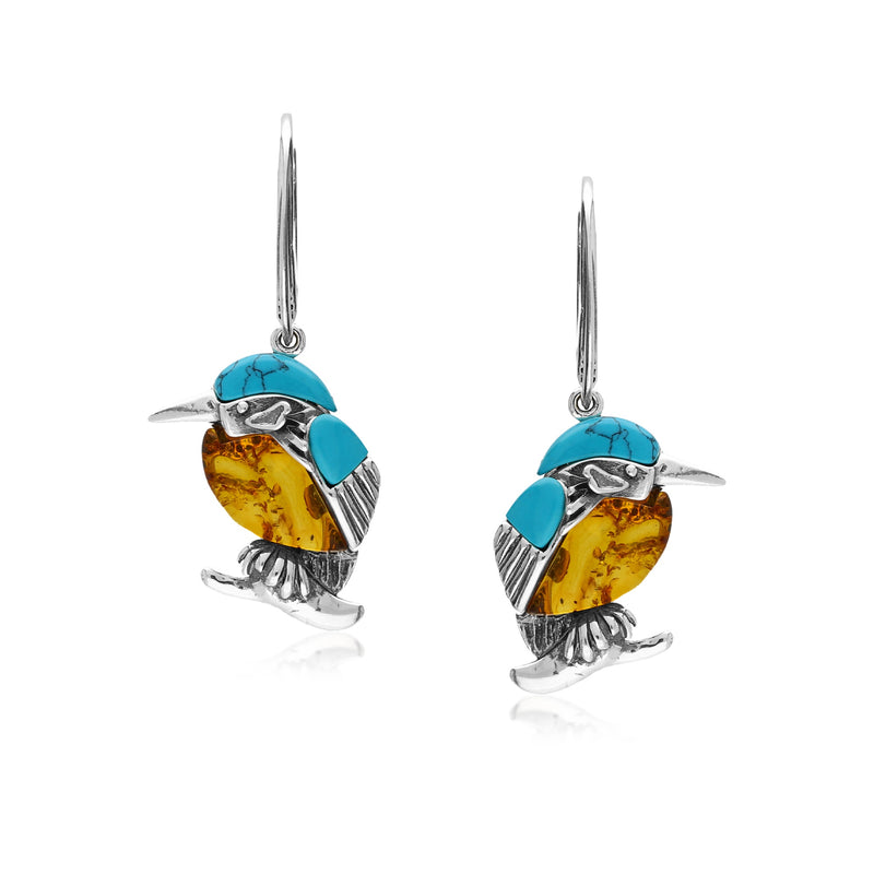Sterling Silver Amber & Turquoise Large Kingfisher Drop Earrings