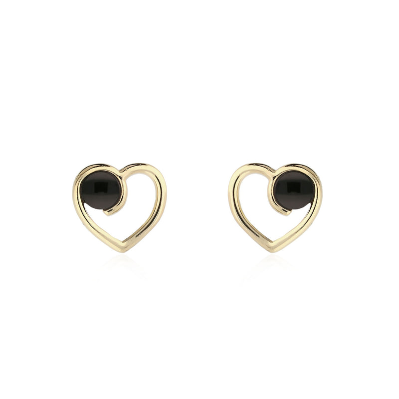 9ct Yellow Gold Whitby Jet Ball Heart Stud Earrings
