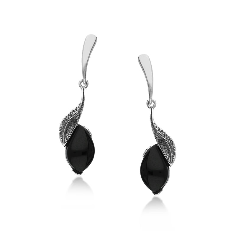 Sterling Silver Whitby Jet Feather Drop Earrings