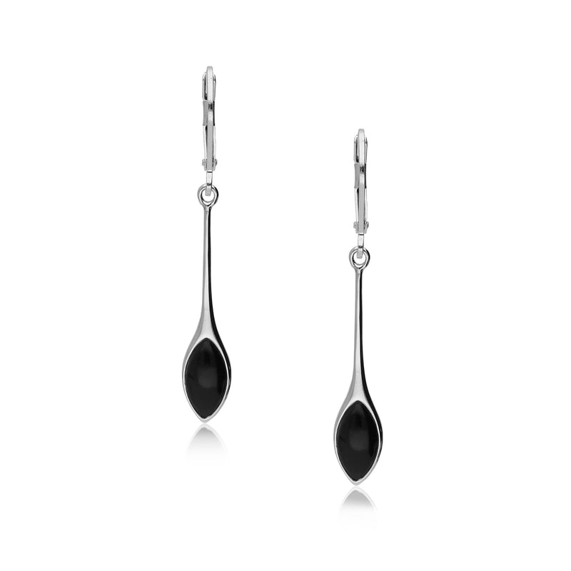 Sterling Silver Whitby Jet Long Drop Marquise Earrings