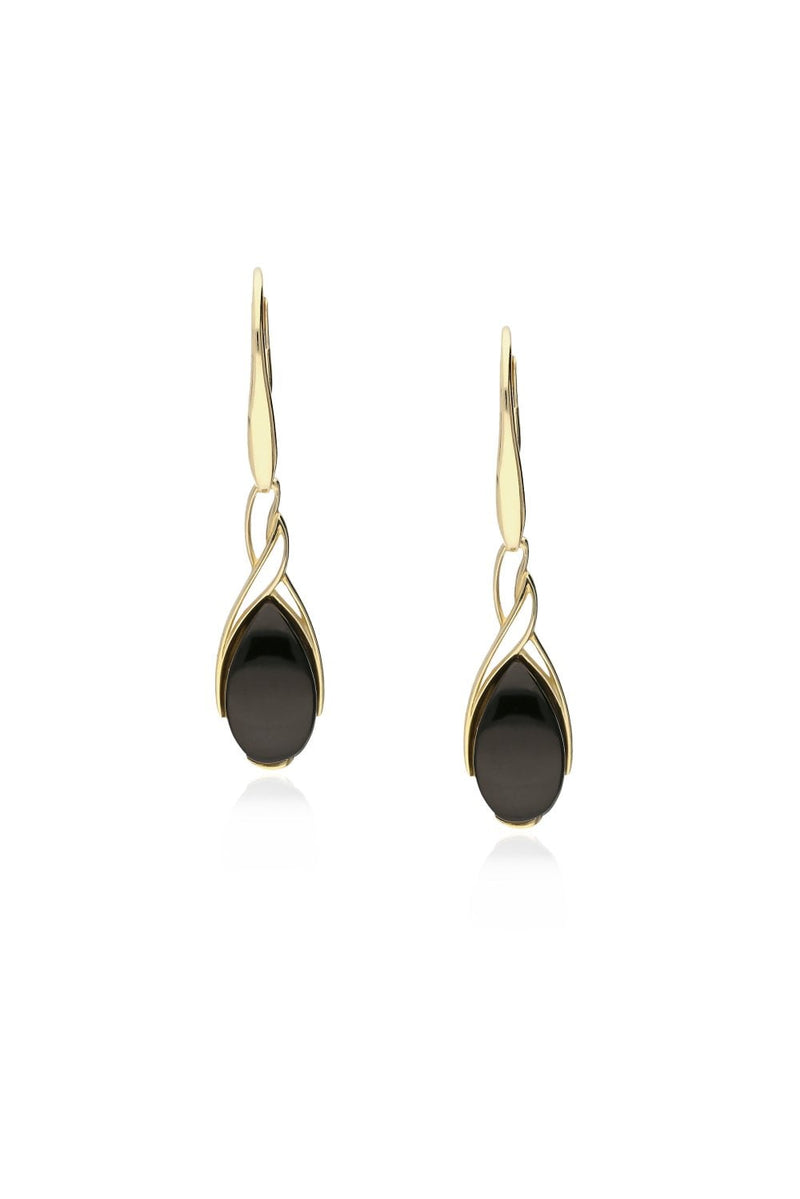 9ct Yellow Gold Whitby Jet Celtic Drop Earrings
