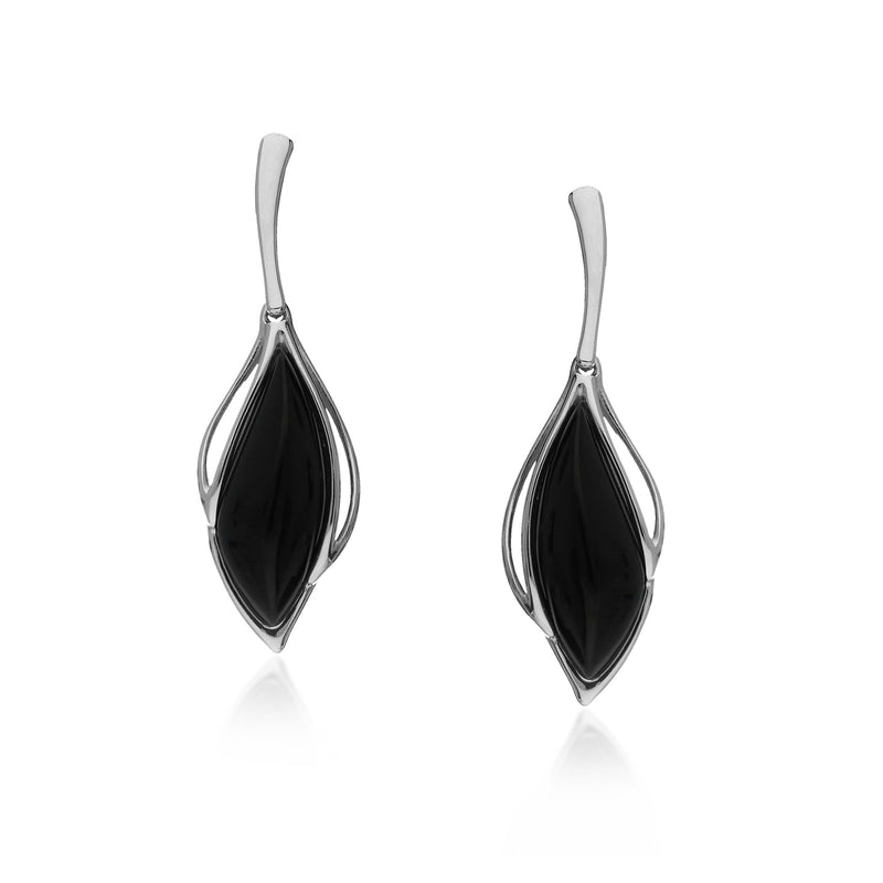 Sterling Silver Whitby Jet Marquise Twist Drop Earrings