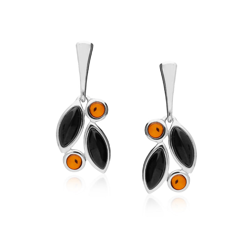 Sterling Silver Whitby Jet & Amber Marquise Leaf Earrings