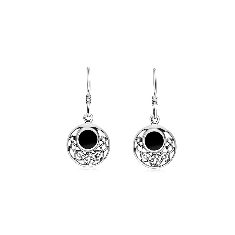 Sterling Silver Whitby Jet Celtic Disc Drop Earrings