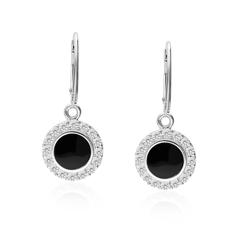 Sterling Silver Whitby Jet CZ Round Drop Earrings