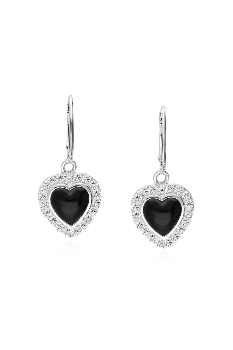 Sterling Silver Whitby Jet CZ Heart Drop Earrings