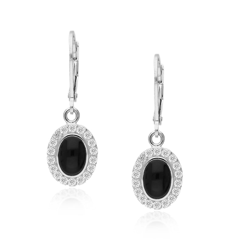Sterling Silver Whitby Jet CZ Oval Drop Earrings