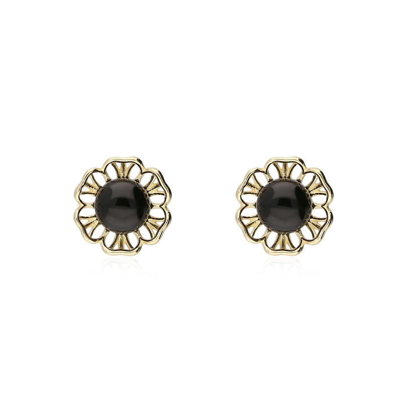 9ct Yellow Gold Whitby Jet Flower Stud Earrings