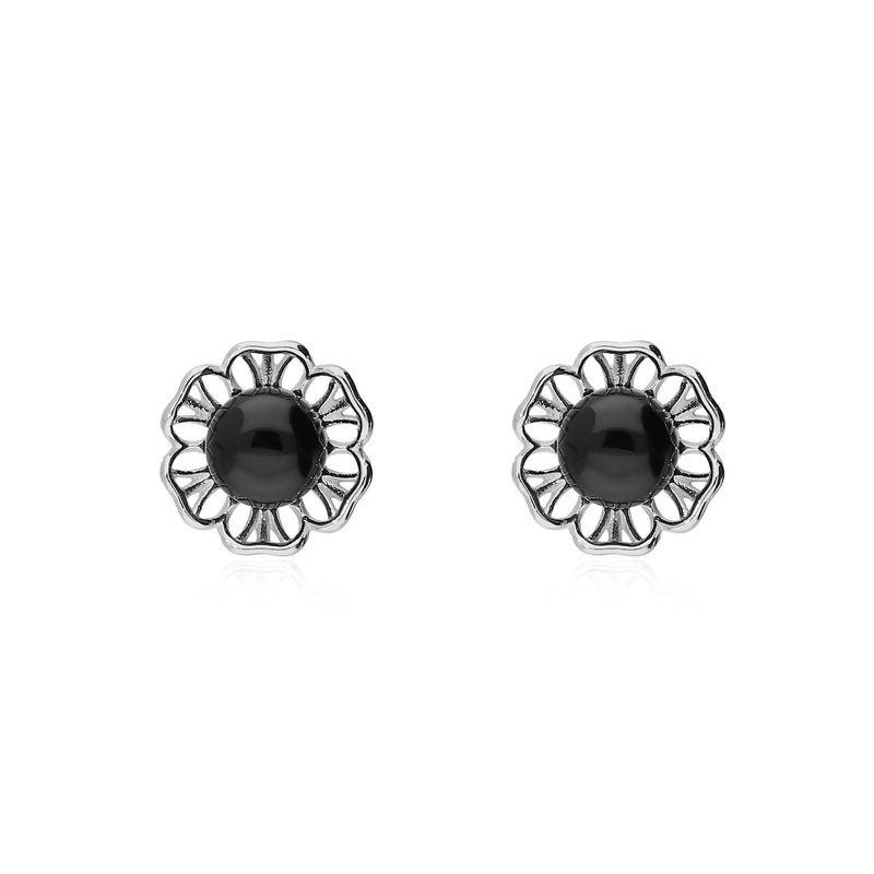 Sterling Silver Whitby Jet Flower Stud Earrings