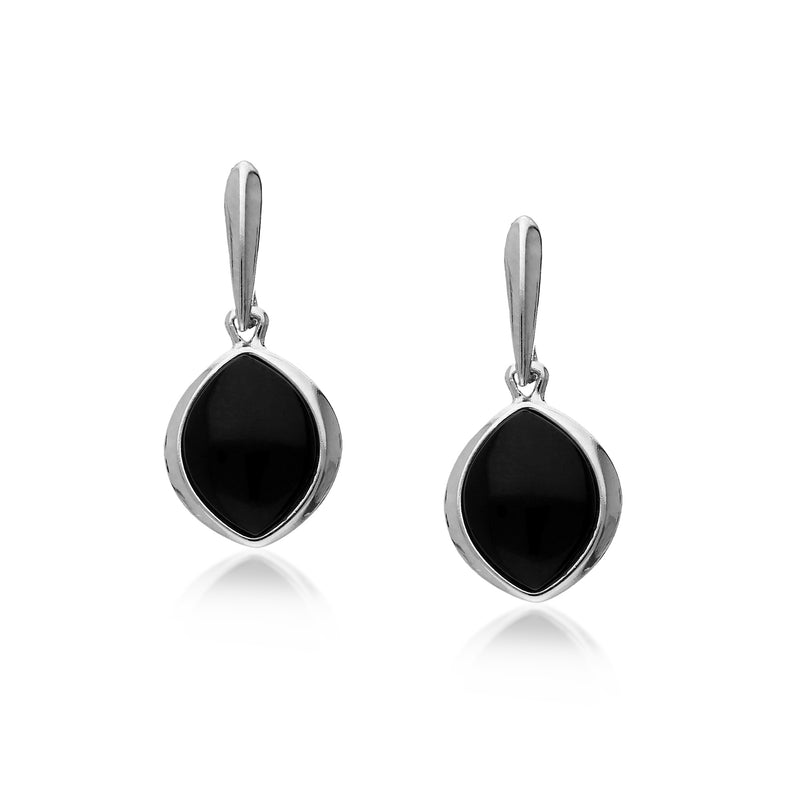 Sterling Silver Whitby Jet Wide Marquise Stud Drop Earrings