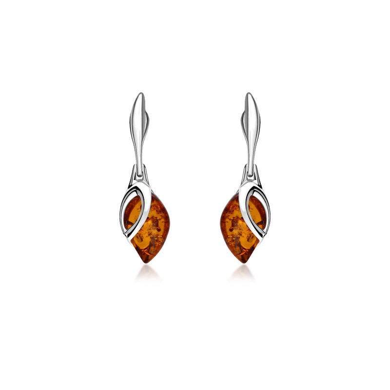 Sterling Silver Amber Teardrop Leaf Drop Earrings