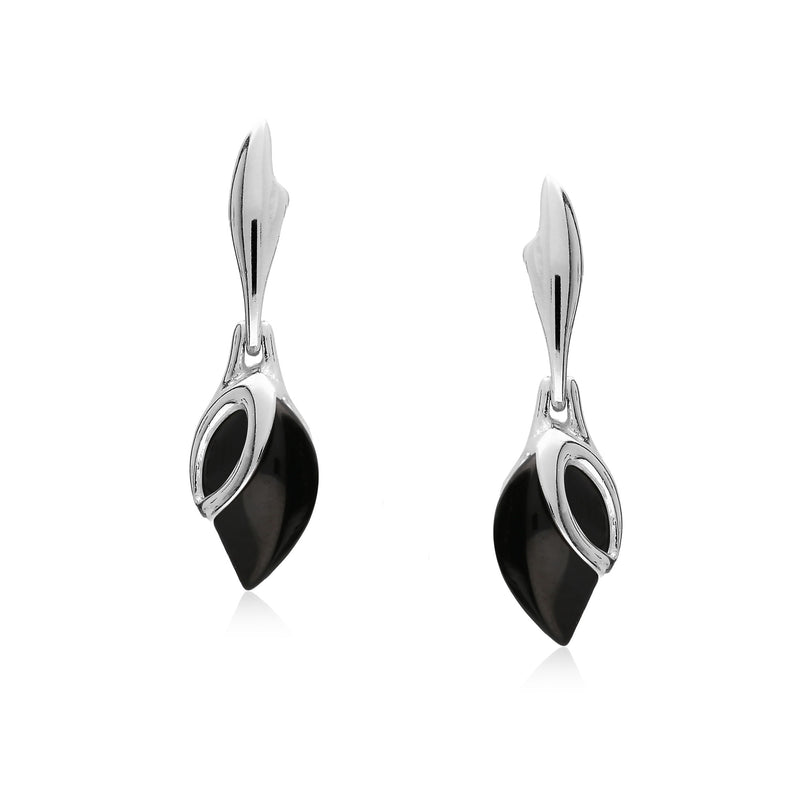 Sterling Silver Whitby Jet Teardrop Leaf Drop Earrings