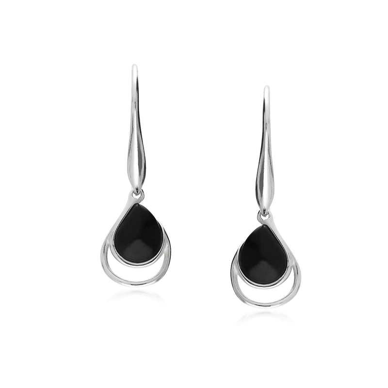 Sterling Silver Whitby Jet Offset Pear Drop Earrings