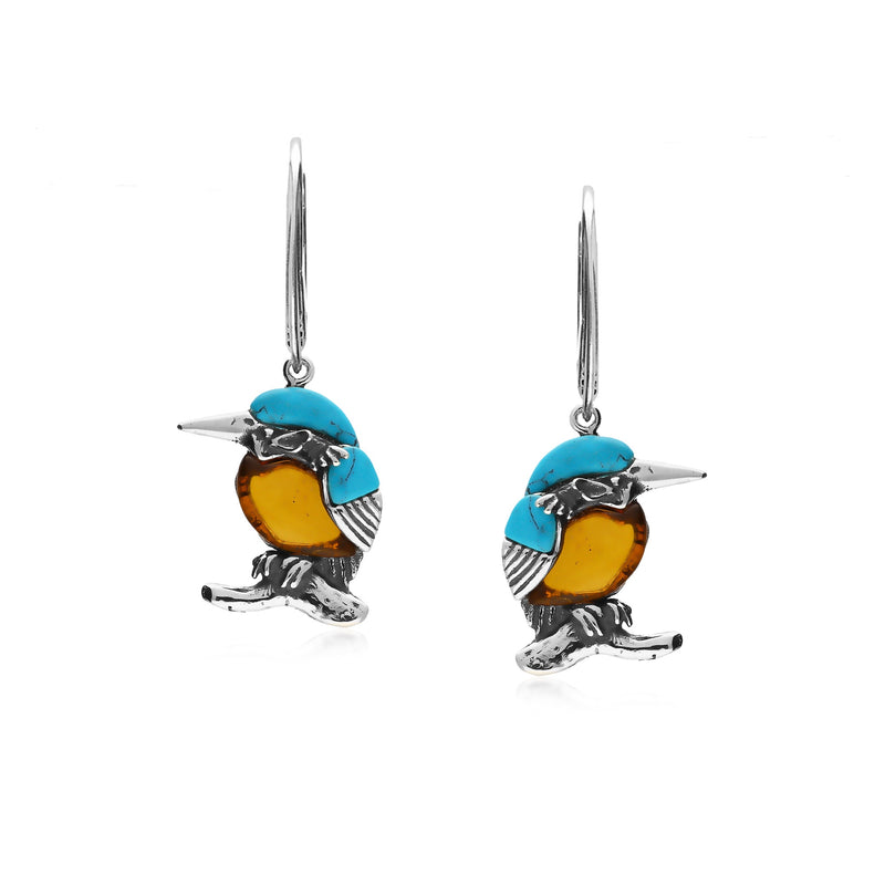 Sterling Silver Amber & Turquoise Kingfisher Drop Earrings