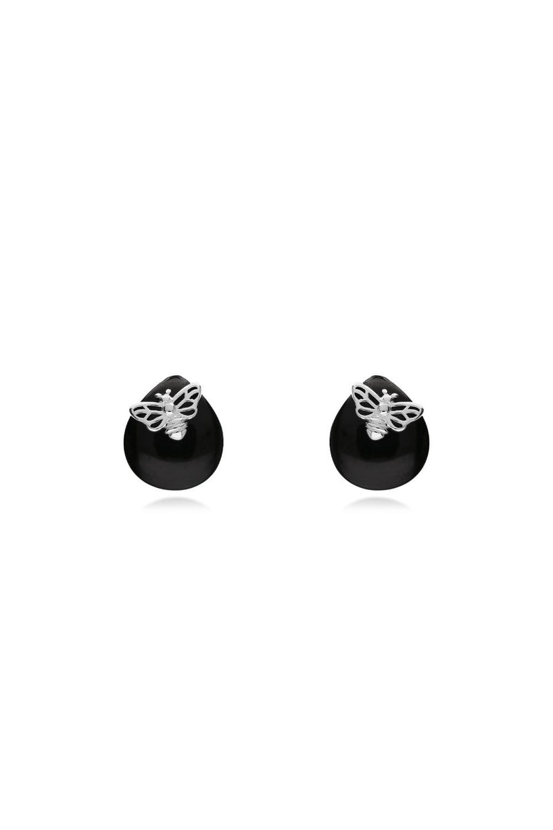 Sterling Silver Whitby Jet Teardrop Bee Stud Earrings