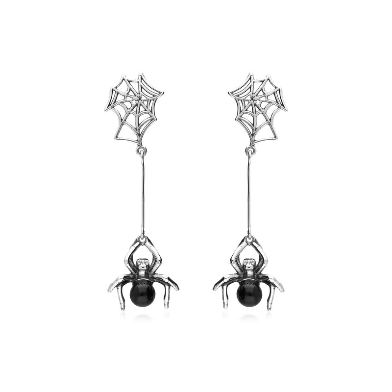 Sterling Silver Whitby Jet Spider Web Drop Earrings