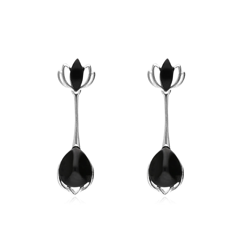 Sterling Silver Whitby Jet Lotus Flower Tear Drop Earrings