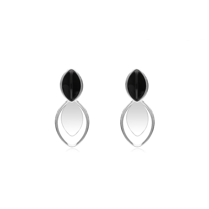 Sterling Silver Whitby Jet Brushed Leaf Marquise Drop Earrings